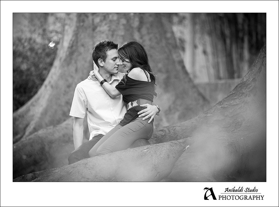 BW Balboa Park Engagement Photo trees 